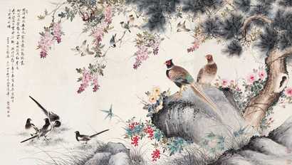 顔伯龙 1939年作 鸟语花香 通景条屏